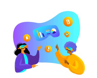 Sanal Gerçeklik Konsepti. İnsanlar Finansal Kripto Para Ticareti Kursu, Diyagram, Grafik. VR kulaklığı takın. VR 'da hevesli İşadamları Eğitim Alsın. Gelecek Teknolojisi İnternette. Vektör illüstrasyonu