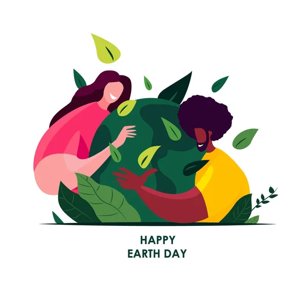 Happy Earth Day International Holiday.22April.Loving People Hug Globe,Care of Planet.Save Healthy Green Nature,Energy,Earth Hour.Environment Friendly, Ecology Support Concept.Flat Vector Illustration.