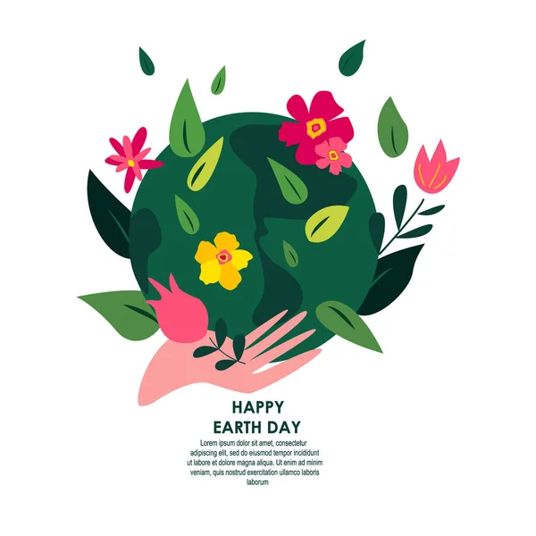 Happy Earth Day International Holiday.Human Hand Hold Green Blooming Globe.22April.Care of Planet, Save Healthy Nature and Energy.Environment Friendly,Ecology Support Concept.Flat Vector Illustration