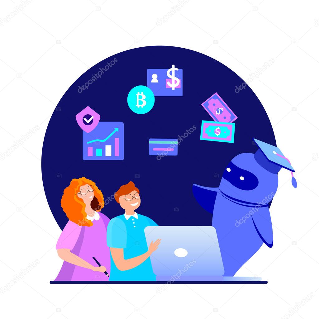 Financial literacy education for children, e business school. Online education. Cryptocurrency trading courses, crypto trade academy, learn cryptocurrency concept. Bright vector isolated illustration