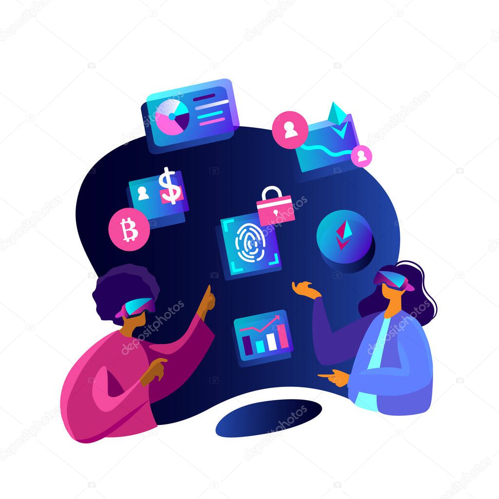 Virtual Reality Concept.Students Learn Financial Cryptocurrency Trading Course,Diagram,Grapgh.Wear VR Headset.Enthusiastic Businessmen in VR Get Education.Future Technology Online. Vector illustration