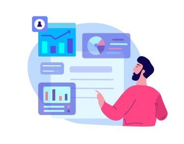 Lists, Schemes, Graphs, Charts Anti-Kriz Konsepti, İflas Şirketi 'nde İşadamı Bulmacası. Finansal Yardım, Gelir, Kâr. İş Geliri Artırıyor.Artırıyor.Flat Vector Illustration