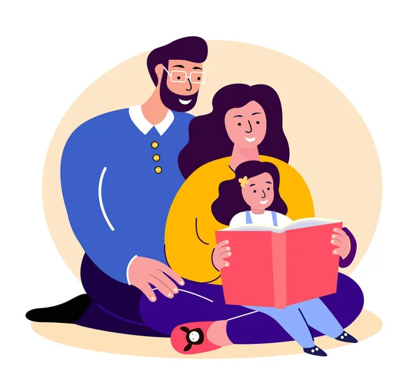 Happy Smiling Family.Father,Mother and Daughter Reading Book Together.Young Adult Parents. Baby, Girl, Dad,Man,Woman, Child Kid.Loving Caring Mom and Papa.Relatives Having Fun.Flat Vector Illustration