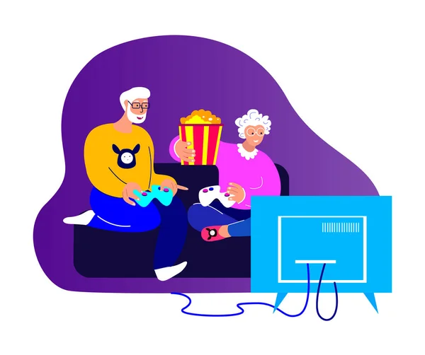 Elderly Happy Couple Grandparents Husband Playing Playstation Game Family Have — Stock Photo, Image