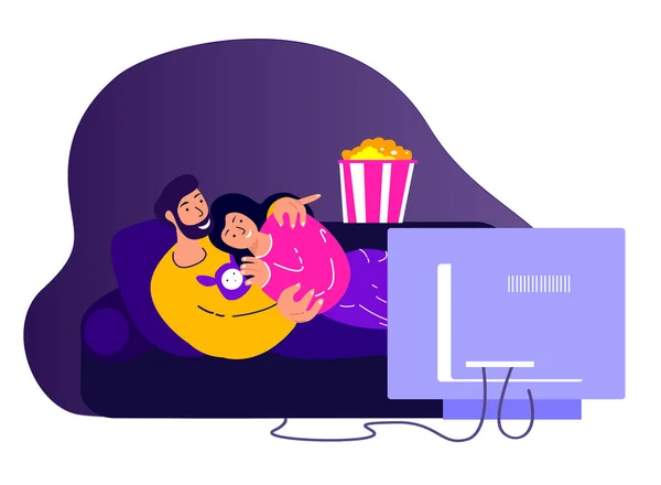 Romantic Young Happy Couple,Husband, Wife Laying on Sofa,Watching Film Movie on TV.Girlfriend and Boyfriend with Popcorn. Family Relaxing Together.People Stay Home,Quarantine. Flat Vector Illustration