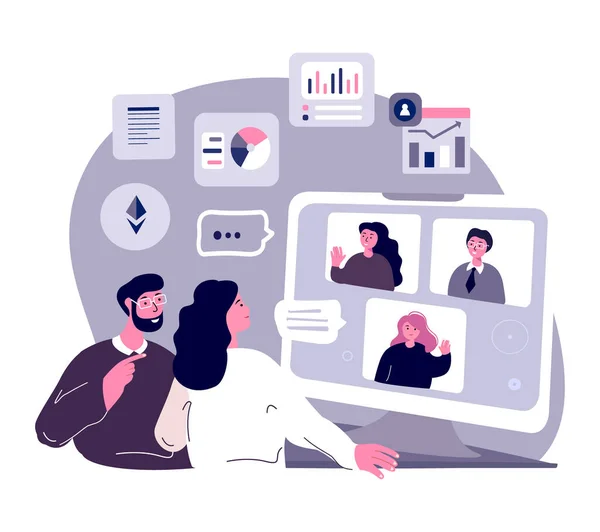 Business Online Conference.Work,Virtual Webinar.Stay Home.Colleagues,Telework Freelancers Connection.Remote Workplace.Distance Chat Correspondence.Internet Discussion,Computer.Flat Vector Illustration
