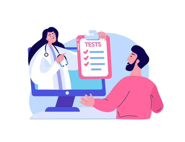 Online Medical Tests Diagnostics.Doctor Consultate Patient Man. Biohacking Analysis.Internet Virtual Hospital.Health Management. Digital Consultation Medical Diagnostic, Treatment. Vector Illustration