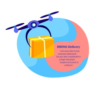 Drone Teslimat Konsepti. Uçan Robot. Temassız Teslimat Kutusu. Uzaktan Kumandalı Uçan Uçak. Hızlı Tüketim Malzemeleri Servisi. Evden Alışveriş. Parseli al, al. Düz Vektör İllüstrasyonu