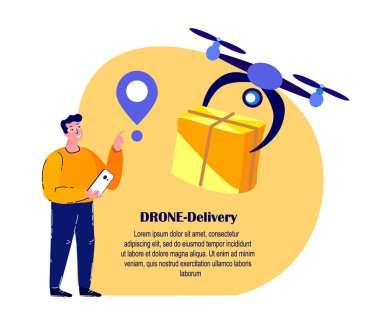 İHA Teslimatı. Genç Gülümseyen Mutlu Adam Temassız Teslimat Paketi Aldı, Uzaktan Pilotlu Uçan Uçak. Tüketim Online. Evden alışveriş. Parsel 'i al, al. Müşteri siparişi. Düz Vektör İllüstrasyonu