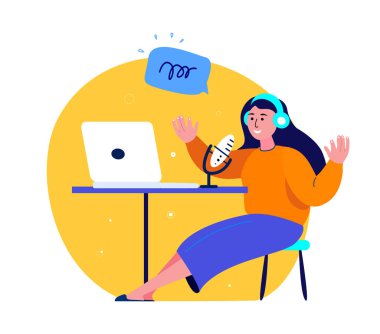 Çevrimiçi Blog Podcast. Kulaklıklı Kadın Mikrofonla Konuşuyor, Medya Radyo Sunucusu. Dizüstü bilgisayar interneti. Blogger Podcaster, Çalışma Alanı Yayıncısı. İletişim eğlencelidir. Düz Vektör İllüstrasyonu.