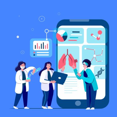 Sanal Gerçeklik Konsepti. Doktor Bilimadamları VR Kulaklık Araştırmacıları Yeni İlaç Teknolojileri Araştırıyor. Tıbbi Laboratuvar İnceleme Hologramları. Test tüpü, matara. Vektör İllüstrasyonu