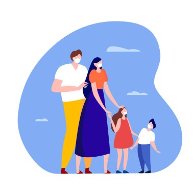Coronavirus Salgını Uyarı. Roman COVID 2019, Aile Erkeği, Kadın Ebeveynleri, Çocuklar, Oğlu, Sağlık Yüzü Maskesi Altında Birlikte Yürüyen Kız. Dezenfeksiyon Ölçütü. Düz Vektör illemesi
