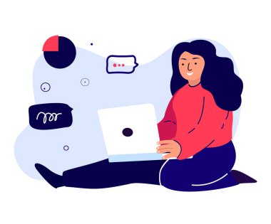 Evdeki Kadın Çalışanlar İnternet 'te. Konuşma İşletmeleri. Serbest İşyeri, Uzak İş yeri. Mesafe Yazarı İş Kadını. Sanal Sohbet Yazışmaları. İnternet, Laptop Bilgisayar. Düz Vektör İllüstrasyonu