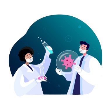 Doktor Bilim Adamları Ekibi Viroloji Araştırmacıları Tıbbi Yüz Maskesi. Coronavirus Elemet. Antiviral Aşı Üretimi. Tıbbi Laboratuvar Muayenesi. Test tüpleri, şişe, mikroskop. Vektör İllüstrasyonu
