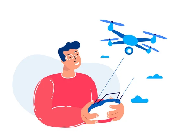 Young Man Fly Drone Equipment.Remotely Control Digital Device.Flying Robot.Engineering Mechanism Airscrew. Remotely Piloted Flying Aircraft. Development Experimental Amusement Fun. Vector Illustration