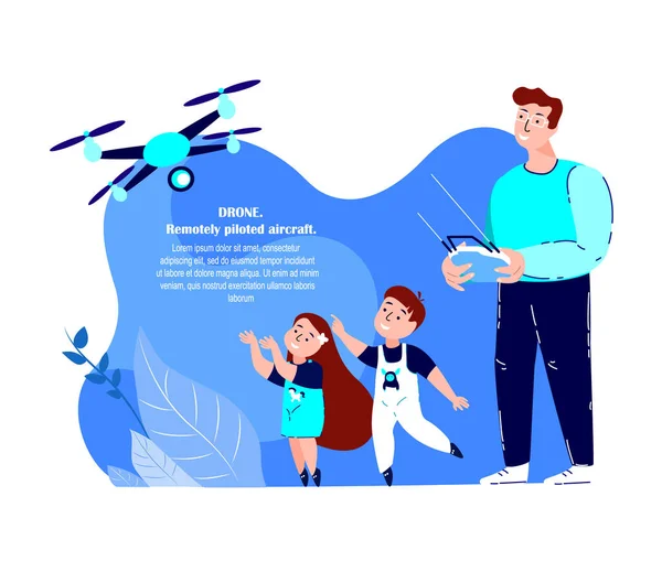 Happy Smiling Father Children Kid Entertain Flying Drone Fathers Day — Photo