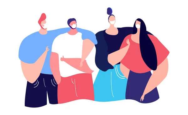 Epidemic Coronavirus in China.Novel Coronavirus COVID 2019-nCoV. Young Adult Men and Women, Friends, Crowd People in White Medical Face Protective Mask.Prevention Quarantine. Flat Vector Illustration.
