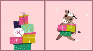 Şirin Öküz, İnek ve Tebrik Kartı seti. Yeni Yıl Sığırları, Noel Şenlik Özellikleri. Kağıt Etiketleri, Yeni Yıl Sembolü. Bayram Hayvanı İllüzyonu Reklamı.