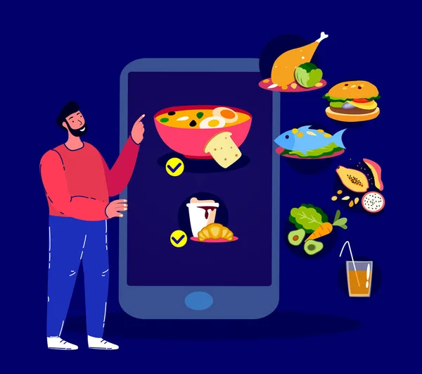 Young Man Ordering Food Dishes Online.Smartphone Application Restaurant Menu. Dinner Catering Service.Lunch Meal at Home, Receive Home Delivery,Quarantine.Digital Technologies.Flat Vector Illustration