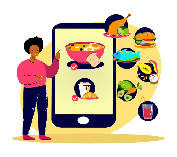 Young African Woman Ordering Food Dish Online.Smartphone Application Restaurant Menu.Dinner Catering Service. Lunch Meal. Home,Receive Delivery,Quarantine.Digital Technologies.Flat Vector Illustration