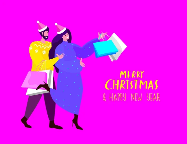 Happy New Year,Christmas Holidays.Festive Woman,Man Friends,Romantic Couple.People with Purchase,Packages,Gifts,Presents for Christmas New Year Holiday.Xmas Celebration Shopping.Purchases Illustration