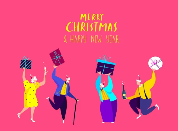 Festive Retired Old People with Presents and Gift Boxes Celebrate New Year and Christmas Holidays.Senior Pensioner Elderly Men,Women.Friends Party Grandfather,Granmother Dancing.Party Invitation Flyer