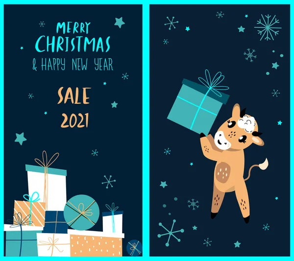 Set of Cute Cartoon Ox,Cow and Greeting Christmas Card.New Year Cattle,Christmas Festive Attribute.Greeting Elements.Paper Label,New Year 2021 Symbol.Advertising Holiday Animal Set.Vector Illustration