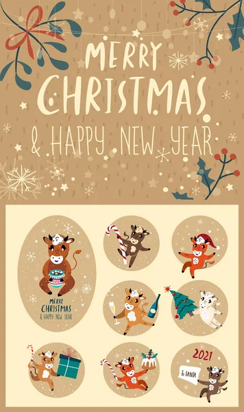 かわいい漫画の牛のセット 牛グリーティングカード クリスマスの祭りの属性を持つ新年の牛 中国の旧正月2021シンボル ホリデー動物セット カレンダーのデザイン カード ベクトルイラスト — ストック写真