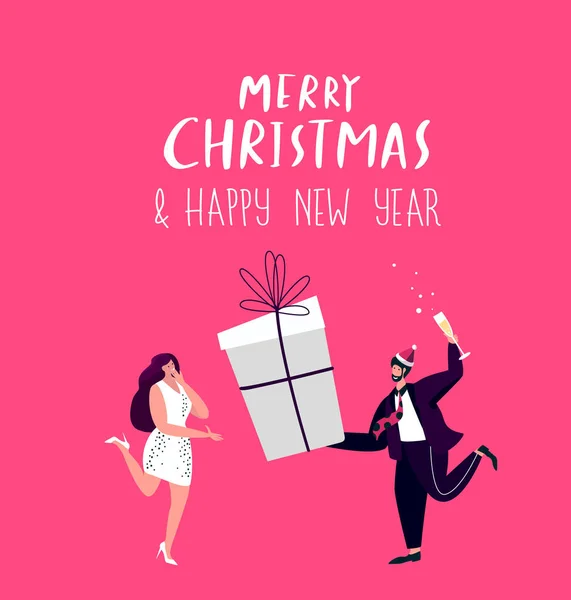 Happy Festive Woman Man Friends Loving Romantic Couple Giving Present — Stok Foto