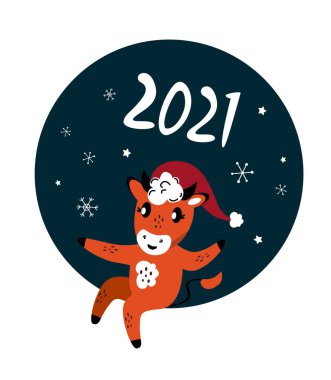 Noel, Yeni Yıl Kutlama Kartı. Noel Baba Şapkalı Güzel Boğa Kış Tatilleri 'ni kutluyor. Çin İnek 2021 Sembolü. Kış Atmosferi.