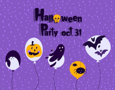 Cadılar Bayramı Bayrağı, Parti Davetiyesi. Komik Hayaletler, Balonlar, Yarasalar, Örümcekler, El Yazısıyla Yazılı Calligrapi. Mutlu Cadılar Bayramı Kutlamaları. Vektör İllüstrasyonu