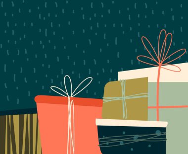 Şenlikli hediye kutuları, hediyeler, ambalaj kağıtları. Noel, mutlu yıllar tebrik kartı. XMas Şablonu Duvar Kağıdı. Bayrak Festivali Elementleri. Davetiye Resmi Kış Tatilleri. Flyer Düz Vektör İllüstrasyonu