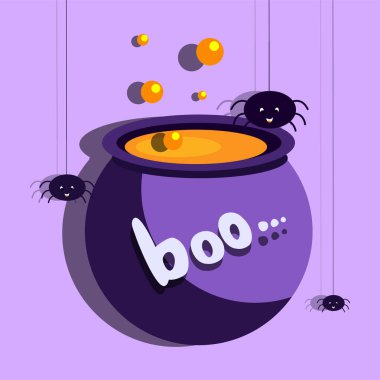 Cadılar Bayramı Parlak Sancağı, Parti Davetiyesi. Mor Kutlama Kartı. Kaynayan Kazan, Komik Örümcek, Boo Metni. Violet Özgeçmişi. Mutlu Cadılar Bayramı Kutlama Posteri.