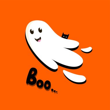 Turuncu Arkaplan ve Boo Mesaj Üzerine Komik Ürkütücü Beyaz Hayaletli Cadılar Bayramı Parlak Tebrik Kartı. Parti Davetiyesi. Mutlu Cadılar Bayramı Kutlama Mesajları Posteri. Azizler Günü Vektör İllüstrasyonu.