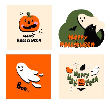 Cadılar Bayramı Parlak Selamlama Kartı. Komik Hayaletler, Balkabakları, Yarasa, Azizler Günü 'nü Kutlayan Kedi. Cadılar Bayramı Partisi için Cadılar Bayramı Şablonları. Cadılar Bayramı Partisi Davetiyesi.