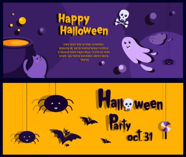 Mutlu Cadılar Bayramı Afişleri, Parti Davetiyeleri. Mor ve turuncu parlak tebrik kartları. Komik Hayaletler, Yarasalar, Örümcekler. El yazısıyla kaligrafi metni.