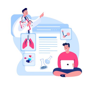 Pulmonolog Doktor Danışman Hasta. İnternet Online Teşhisi Semptomları. Akciğer Hastalığı, Pnömoni Tedavisi. Pulmoner Dijital Yardım Servisi. Vektör İllüstrasyonu