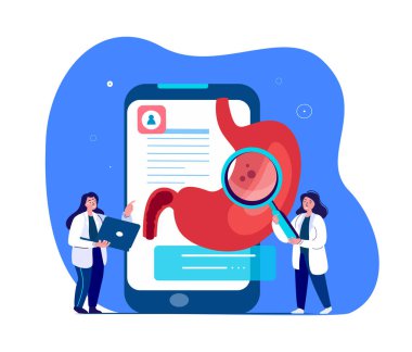 Çevrimiçi Doktorlar Gastroenterologlar Mide Ache 'yi Araştırıyor, İyileştiriyor. Teşhis Mobil Uygulaması. Klinik Danışmanlık Smartphone Tıp Hastanesi. Dijital Servis, Tedavi. Düz Vektör İllüstrasyonu