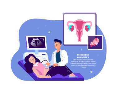 Jinekolog Doktor Muayene, Ultrason Araştırmasında Danışman Kadın. Kadın Teşhisi. Rahim, Yumurtalık Tedavisi. Kadın Jinekolojik Danışmanlığı Önleme. Düz Vektör İllüstrasyonu
