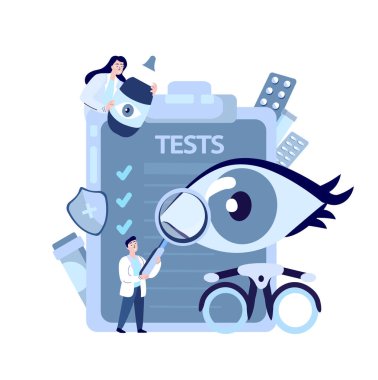 Doktorlar Oftalmolog, Göz Doktoru Muayenesi, Snellen Çizelgesi, Göz Hastalığı, İlaçlar. Renk körlüğü, glikoma tedavisi. Klinik Araştırma. Tıbbi İllüstrasyon.