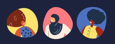 Farklı Güzel, Saçlı, Cilt Renkli Güzel Kadınlar. Farklı ırklar ve uluslar. Çeşitlilik. Görseller. Kadınlık Konsepti, Çeşitlilik, Bağımsızlık, Haklar Eşitliği. Vektör Düz Çizim