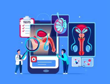 Andrologist,Urologist Scientists Doctors Examine Male Reproductive,Urogenital System.Online Smartphone Penis Cancer Research Trials.Medical Council.Internet Diagnostics. Digital Treatment Illustration