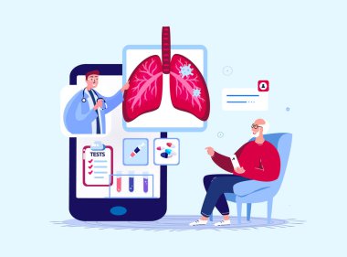 Çevrimiçi Pulmonoloji Mobil Uygulaması. Doktor Pulmonolog Yaşlı Adam 'a Emeklilik Danışmanı. Ev Sağlık Hastanesi. Akıllı Telefon Dijital Servisi. Görüntü