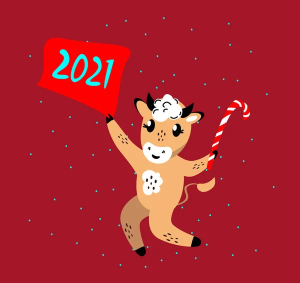 Рождество Новым Годом Поздравляем Карла Симпатичного Быка Свиной Тростью Лоллио — стоковое фото