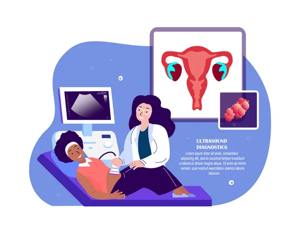 婦人科医師検査診断 超音波検査に女性を相談 女性診断 卵巣治療 予防女性の婦人科相談 フラットベクトルイラスト — ストック写真