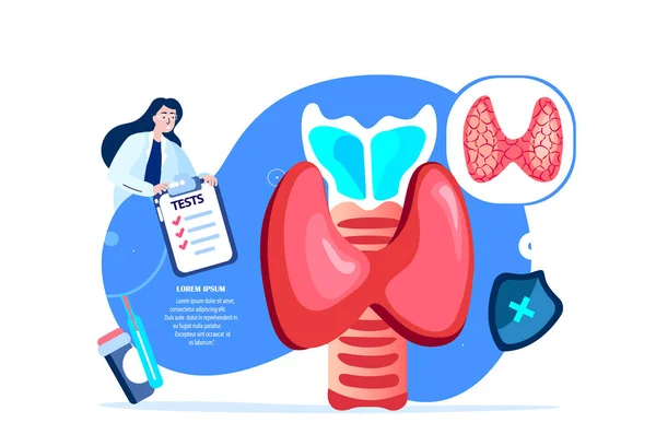 Endocrinologist Scientist Doctor Examine Thyroid,Anomalous Gland,Pineal Organ.Endocrine Research Trial.Tests Clinical Investigation. Hospital Medical Diagnostics. Digital Treatment.Vector Illustration