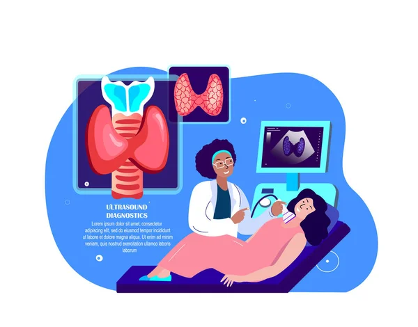 Endocrinologist Ultrasound Doctor Sonographer Examine Patient on Ultrasound Investigation.Thyroid Pathology,Anomalous Gland,Pineal Organ.Medical Hospital Diagnostics Treatment.Flat Vector Illustration