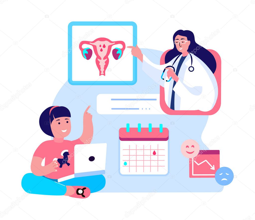 Gynecologist Doctor Consultate Girl.Puberty Maturation.Online Sex Education.Female Diagnostic.Uterus,Ovaries Organs.Internet Online Calendar Cycle.Menstruation Periods Marking.Flat Vector Illustration