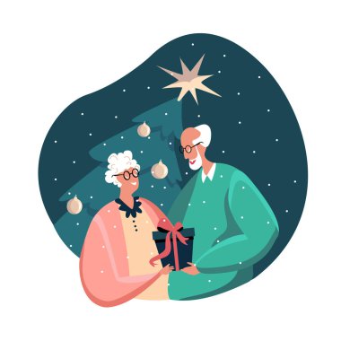 Gülümseyen yaşlı kadın, yeni yılı kutlayan adam ve Xmas Mutlu Emeklileri Noel ağacı yakınında sarılıyorlar. Emekliler bayram şenliğinin bir hediye sunacağını umuyorlar. Çizgi film Düz Vektör İllüstrasyonu