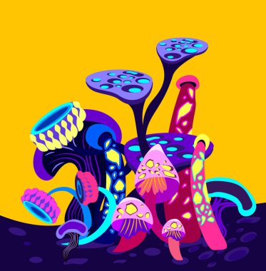 Fantezi çizgi film Uzaylı Mycelium Spawn Peyzajı. Farklı Eğri Şekilde Fantasy Supernatural Psylocubin Mantarları, Sarı Arkaplan. Trance Psychedelic Mantar. Bilgisayar Oyunu Gezegeni illüstrasyon Vektörü illüstrasyonu